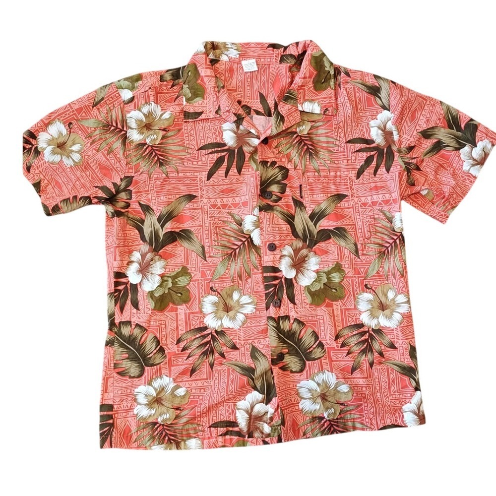 Women Large Palmwave Hawaii Tropical Floral Hibiscus Button Down Shirt Orange EX